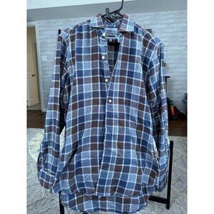 Ledbury Fine Shirting Slim Fit Blue Brown Plaid Cotton Flannel Shirt Men Sz 15.5